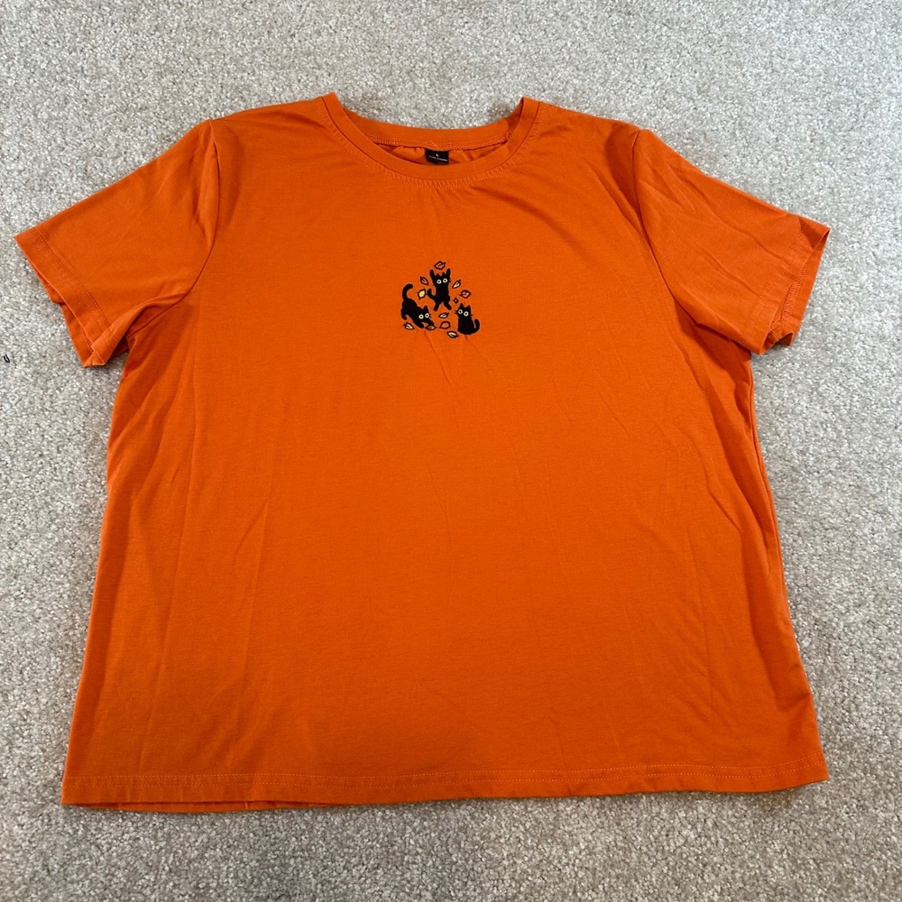 Orange Black Cats Autumn Leaves Embroidered Short Sleeve T-Shirt Large Halloween - Picture 2 of 6